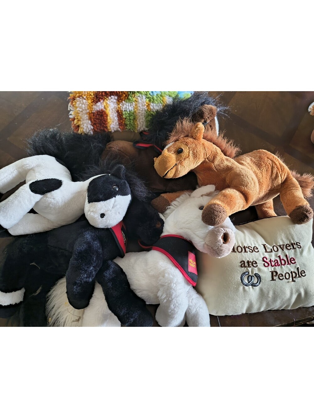 Horse Plushies  Ponies Lot Of 7 , 5 Horses, 2 Pillow Horses . 3  Are Wells Fargo
